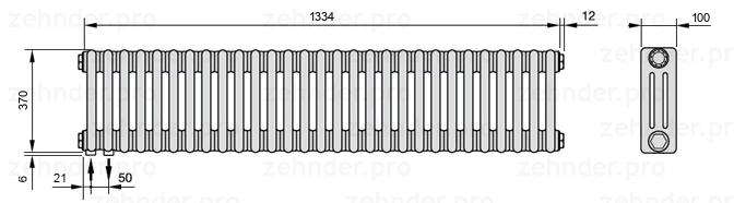 Схема (чертеж) Радиатор Zehnder Charleston 3037/29 №3370 Белый глянцевый RAL 9016